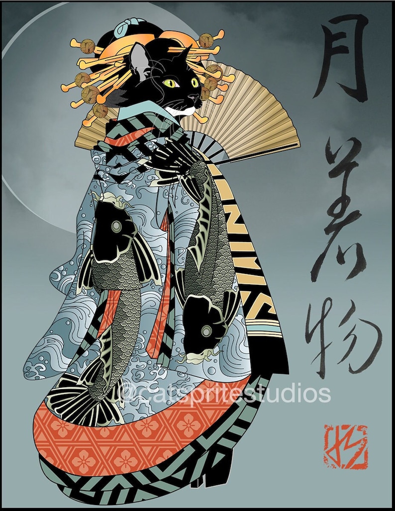 May include: A black cat dressed in a traditional Japanese kimono with a large fan and a hair ornament. The kimono features a blue and white wave pattern with black koi fish. The background is a light blue with the Japanese characters for "Moon Viewing" in black.