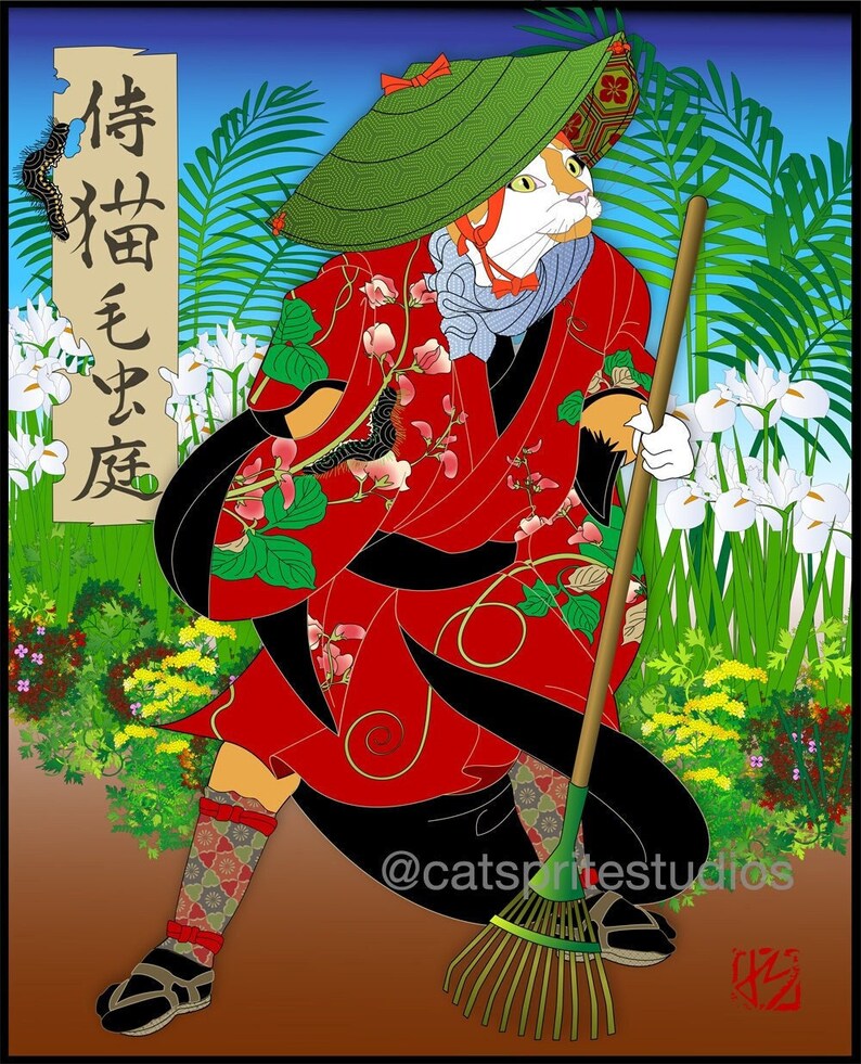 May include: A red and black cat wearing a green hat and red robe with a floral pattern, holding a rake and standing in a garden with white flowers and green plants. The text "侍猫毛虫" is written in black on a white banner.