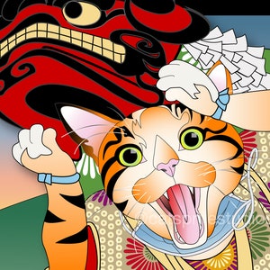 May include: A cartoon illustration of a cat wearing a traditional Japanese costume with a red and black lion dance head above it. The cat is wearing a blue and white patterned kimono with a blue and white face mask. The cat has orange and black stripes and a pink nose. The cat is looking up and has its mouth open in a wide smile.