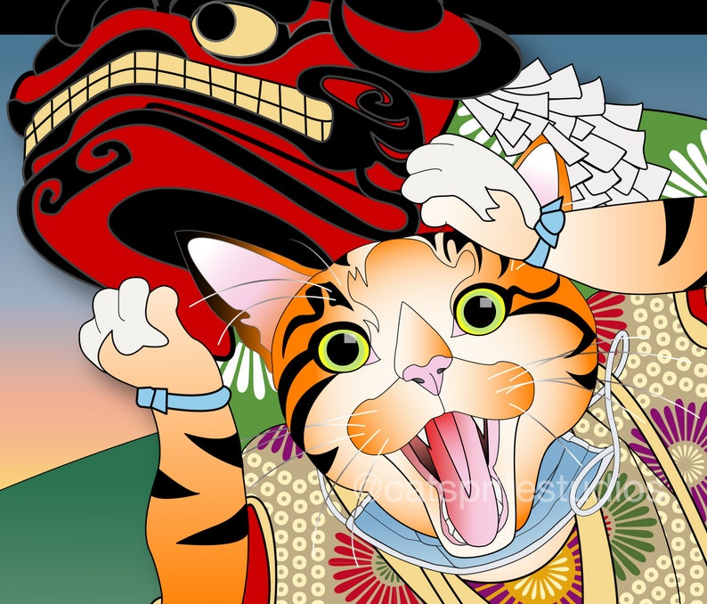 May include: A cartoon illustration of a cat wearing a traditional Japanese costume with a red and black lion dance head above it. The cat is wearing a blue and white patterned kimono with a blue and white face mask. The cat has orange and black stripes and a pink nose. The cat is looking up and has its mouth open in a wide smile.