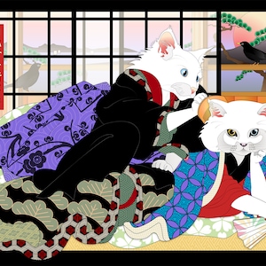 Puede incluir: Dos gatos blancos vestidos con ropa tradicional japonesa. El gato de la izquierda est&aacute; arreglando al gato de la derecha. El gato de la derecha sostiene un abanico. El texto en la pared dice "白で着て  着に白", que se traduce como "Blanco usado, blanco para usar".