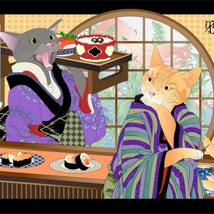 K&ouml;nnte beinhalten: Zwei Katzen in traditioneller japanischer Kleidung sitzen an einer Sushi-Bar. Die Katze links h&auml;lt ein Tablett mit einer Sch&uuml;ssel Reis und Sushi. Die Katze rechts h&auml;lt Essst&auml;bchen und schaut auf das Sushi. Der Text auf dem Schild lautet "Fisch, kein Katzenfutter".