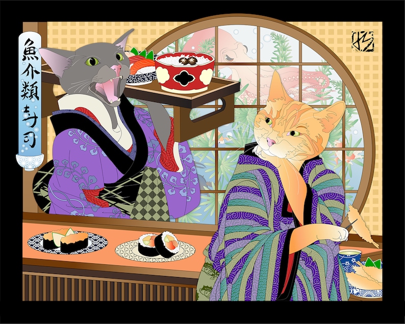 K&ouml;nnte beinhalten: Zwei Katzen in traditioneller japanischer Kleidung sitzen an einer Sushi-Bar. Die Katze links h&auml;lt ein Tablett mit einer Sch&uuml;ssel Reis und Sushi. Die Katze rechts h&auml;lt Essst&auml;bchen und schaut auf das Sushi. Der Text auf dem Schild lautet "Fisch, kein Katzenfutter".