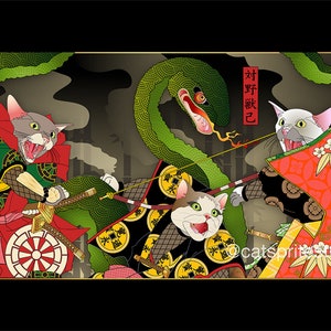 May include: A digital illustration in the style of a Japanese woodblock print depicting three cats dressed as samurai warriors fighting a green snake. The text in the image reads "援 説 待" and "対 野 獣".