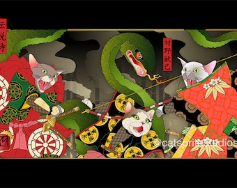 EPIC, Metal Print, Wall Art, Cat Print, Japanese culture, Original Artist, Cat Tales, legend, folklore, ukiyo-e, giant serpent, samurai,