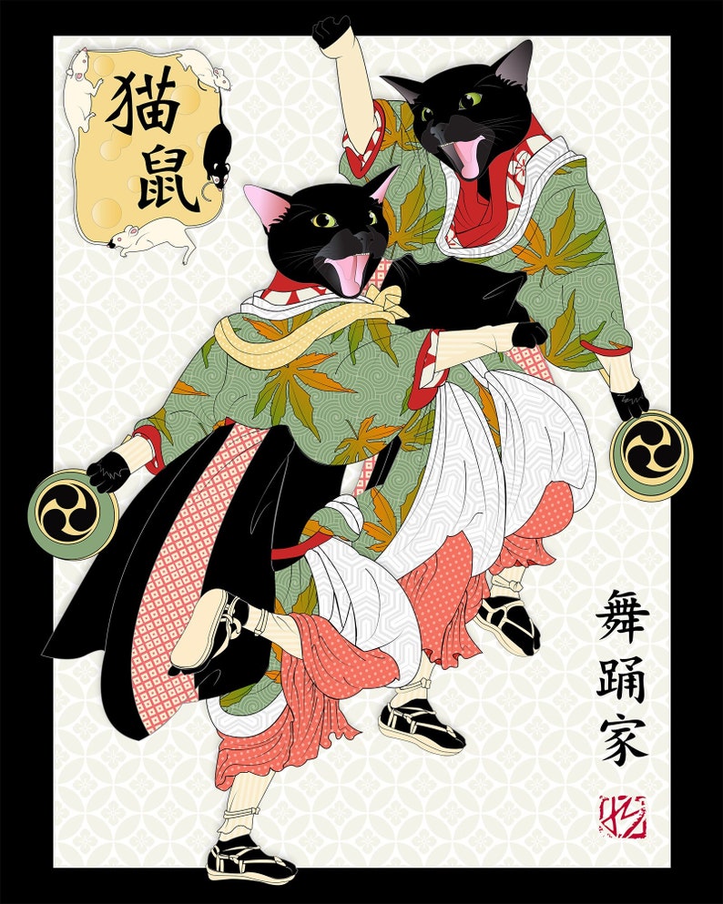 two happy black cats dressed as traditional japanese dancers in ukiyo-e style. mice surround a large block of swiss cheese that includes the kanji for the words cat and mouse. main colors are white, salmon, sage green. the art is vertical