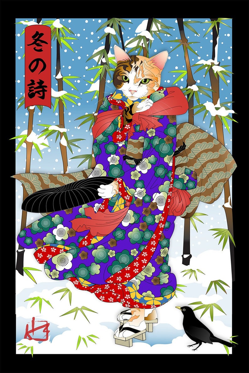 May include: A calico cat wearing a purple and red kimono with a black hat and red sash stands in a snowy bamboo forest. The cat is wearing traditional Japanese footwear. The text "冬 の 詩" is written in red on a white banner. A blackbird is perched on the ground in the lower right corner of the image.