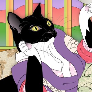 May include: A black and white cat wearing a purple and pink kimono with floral patterns. The cat has yellow eyes and is resting its head on its paw.