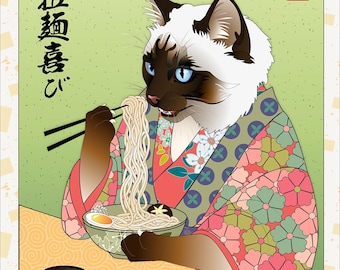 RAMEN TIME, Metal Print, Wall Art, Japanese culture, noodle shop, udon bowl, ukiyoe, cat, balinese, birman, siamese, himalayan, ragdoll