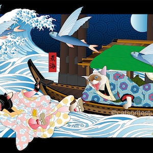 May include: A digital illustration in the style of a Japanese woodblock print depicting two cats in a boat on a stormy sea. The cat in the front of the boat is a Siamese cat wearing a blue and white patterned kimono. The cat in the back of the boat is a black cat wearing a pink and yellow patterned kimono. The boat is surrounded by blue and white waves. The background features a large blue wave, a full moon, and flying fish. The text in the image reads "The Cat of the Waves".