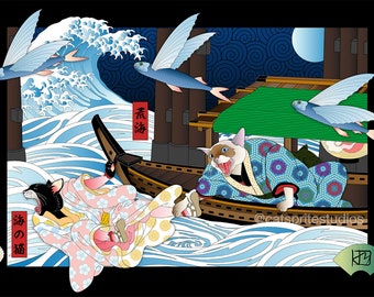 ROUGH SEAS, Metal Print, Wall Art, Cat Print, Kimono, Original Art Print, Cat Tales, ukiyo-e, whitewater, Japanese wave, animal rescue, neko