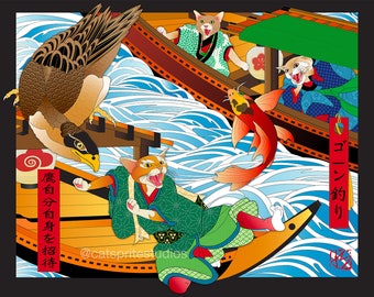 It's Hawk's Party Now, Metal Print, Wall Art, Cat Print, Japanese culture, Original Art Print, Samurai, Cat Tales, fishing, Cats in Kimonos