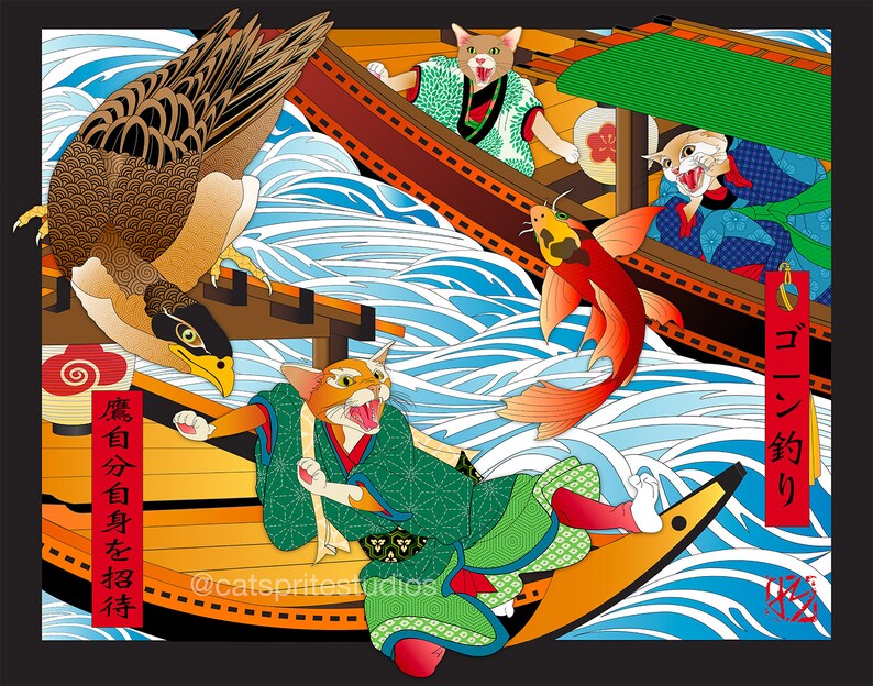 May include: A vibrant illustration depicts cats in boats, fishing with a hawk and a koi fish. The artwork features Japanese text and a stylized wave pattern in shades of blue. The cats are dressed in traditional Japanese attire.