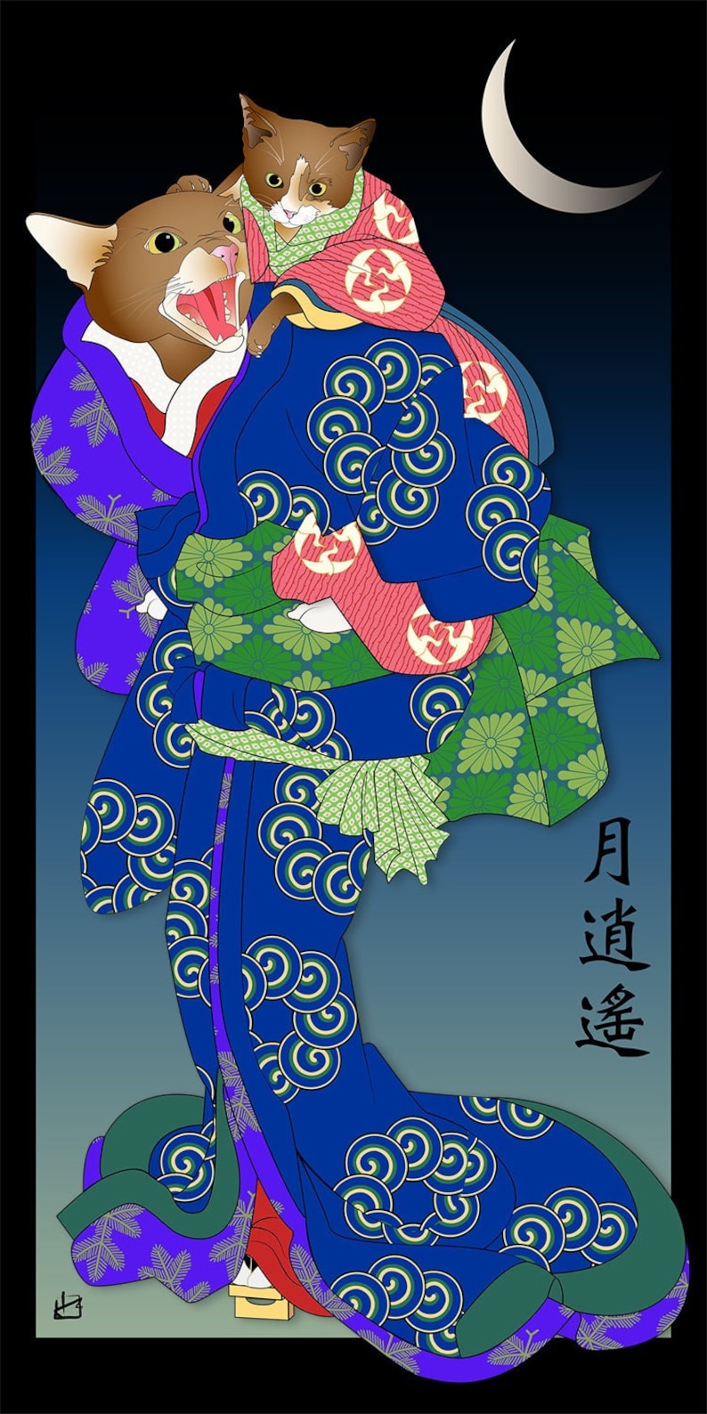 a kitten rides piggy back while moon viewing with its parent. both are dressed in layered kimonos in blues, green, coral. background fades to black with a high crescent moon.