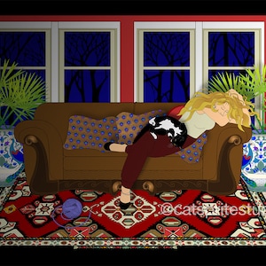 May include: A woman and a cat are sleeping on a brown couch with a patterned throw blanket. The couch is in a room with a red wall, two windows with dark blue curtains, and two potted plants with blue and white patterned vases. A red rug with a geometric pattern is on the floor in front of the couch. The text "@catspaitstudios" is on the rug.