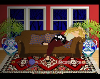 Tu Me Manques, I AM WITHOUT YOU, Metal Print, Wall Art, Cat Print, Original Art, Cat Tales, tuxedo cat, tuxie, persian rug carpet, Cat Tales