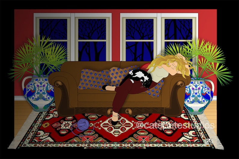May include: A woman and a cat are sleeping on a brown couch with a patterned throw blanket. The couch is in a room with a red wall, two windows with dark blue curtains, and two potted plants with blue and white patterned vases. A red rug with a geometric pattern is on the floor in front of the couch. The text "@catspaitstudios" is on the rug.