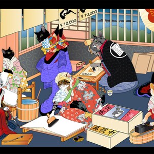 May include: A colorful illustration in the style of Japanese woodblock prints depicting cats working in a shop. The shop is called "猫 刷 店" which translates to "Cat Printing Shop". The cats are wearing traditional Japanese clothing and are working on various tasks, such as painting, printing, and calligraphy. The shop is decorated with traditional Japanese elements, such as lanterns and scrolls.
