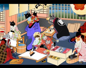 LOST CAT PRINT Shop, Metal Print, Wall Art, Cat Print, Japanese culture, Original Art Print, Printmaking, Cat Tales, animal rescue, kimono