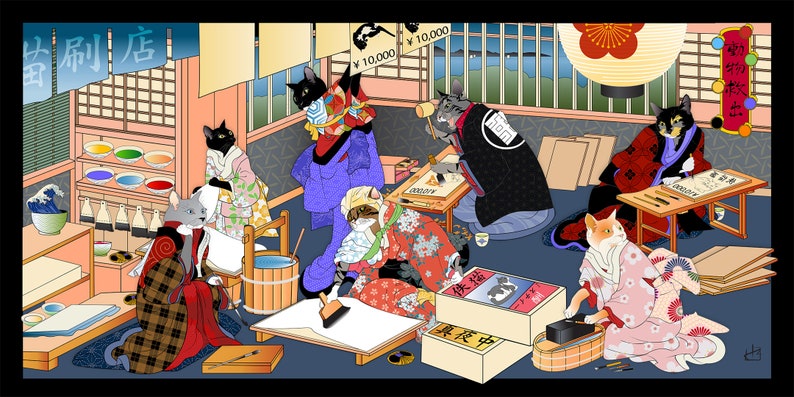 May include: A colorful illustration in the style of Japanese woodblock prints depicting cats working in a shop. The shop is called "猫 刷 店" which translates to "Cat Printing Shop". The cats are wearing traditional Japanese clothing and are working on various tasks, such as painting, printing, and calligraphy. The shop is decorated with traditional Japanese elements, such as lanterns and scrolls.