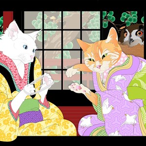 Puede incluir: Dos gatos vestidos con ropa tradicional japonesa, uno blanco y otro naranja, est&aacute;n sentados frente a una ventana. El gato blanco est&aacute; sosteniendo un objeto peque&ntilde;o en sus patas. El gato naranja est&aacute; mirando al gato blanco. El texto "繊維猫夜具猫" est&aacute; escrito en japon&eacute;s en el lado derecho de la imagen.