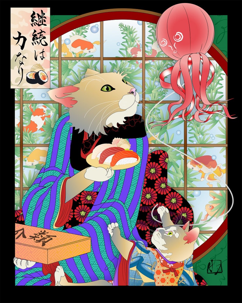 GOOD THINGS COME, Metal or Giclee Art Print, Cat Print, Japanese culture, kimono, sushi, Cat Tales, sashimi, octopus, ukiyoe, koi, kitten, 猫 afbeelding 1