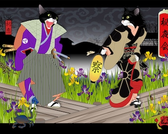 NIGHT LIFE, Metal or Giclee Art Print, Cat Print, Kimono, Japanese culture, irises, frogs, crab, pond life, Ukiyo-e, samurai, Japan, cat art