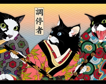 PEACEMAKER, Metal Art Print, Wall Art, Cat Print, Kimono, Japanese sword, ukiyo-e, Edo, art history, samurai, Japanese cat culture, 猫, anime
