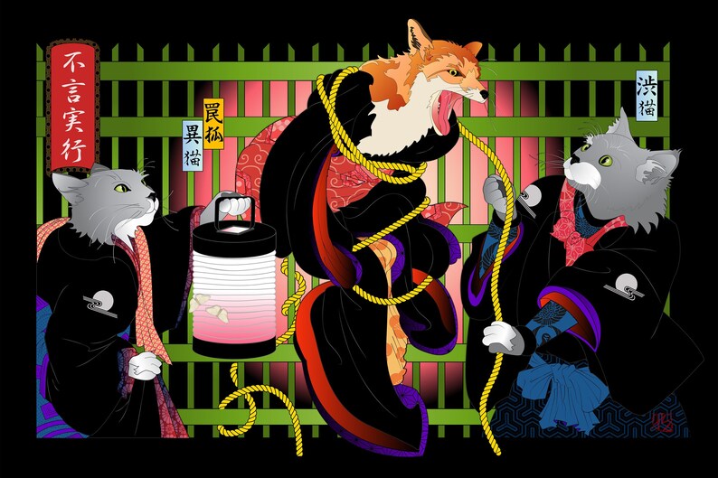 May include: A digital illustration of three anthropomorphic animals in a Japanese setting. A fox is tied up with rope and is wearing a black and red kimono. Two cats are holding ropes and are wearing black kimonos with colorful patterns. The text on the sign says "Black Cat" and "Not a Good Fox".