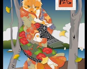 BREEZE, Metal or Giclee Art Print, Cat Print, Japanese culture, kedi, neko, whimsical, ukiyo-e, windy day, gingko tree, orange cat, kimono 猫