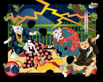 NO PICNIC, Cats in Kimono, Metal Print, Wall Art, Japanese culture, Original Artist, samurai, Ukiyo-e, scaredy cat, kabuki theater, mt. fuji