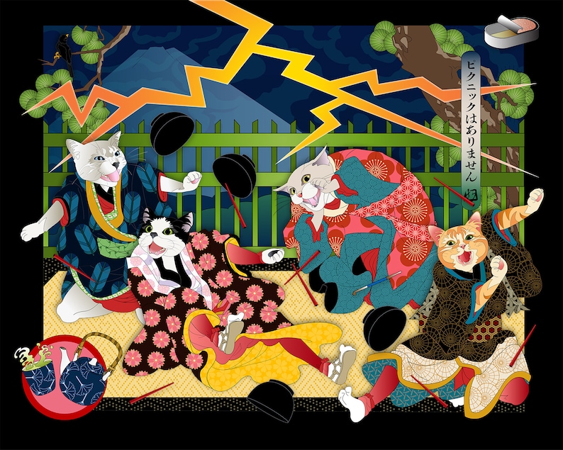NO PICNIC, Cats in Kimono, Metal Print, Wall Art, Japanese culture, Original Artist, samurai, Ukiyo-e, scaredy cat, kabuki theater, mt. fuji image 1