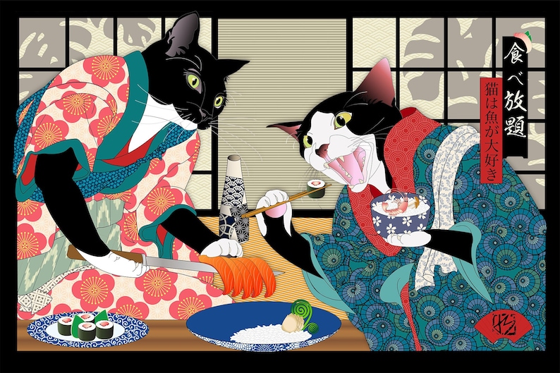 May include: Two black cats dressed in traditional Japanese clothing are enjoying a meal of sushi. The cat on the left is preparing the sushi with a knife, while the cat on the right is using chopsticks to eat a piece of sushi. The text in the image reads "食ベ 猫 は 魚 が 大好 き" which translates to "Cats love fish".