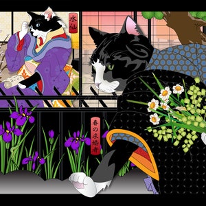 May include: Two black and white cats dressed in traditional Japanese clothing. The cat on the left is sitting in a window and holding a scroll. The cat on the right is holding a bouquet of white flowers. The text on the sign reads "春の来訪者" and "音ひの-度".