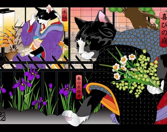 NARCISSUS, Wall Print, Japanese Cat, tuxedo cat, Japanese culture, cats in kimono, ukiyo-e, romance, tabby, cat lover gift, valentine gift