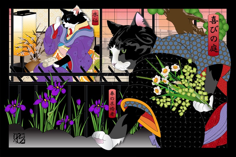 May include: Two black and white cats dressed in traditional Japanese clothing. The cat on the left is sitting in a window and holding a scroll. The cat on the right is holding a bouquet of white flowers. The text on the sign reads "春の来訪者" and "音ひの-度".