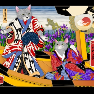 May include: Two grey cats dressed in traditional Japanese clothing, one in a red and white kimono with a black bamboo pattern, the other in a red and purple kimono with a floral pattern. The cats are sitting in a boat with a yellow and black striped design. The background features a blue sky, purple iris flowers, and a Japanese lantern.