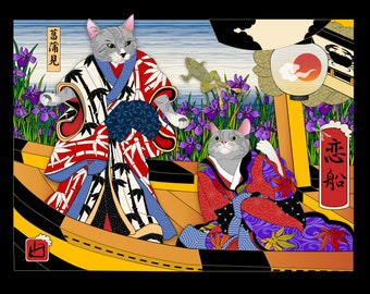 LOVE BOAT Wall Art, Cat Print, Japanese culture, Original Artist, tabby cat, romance, friendship, irises, kimono, ukiyo-e, frog, dragonfly