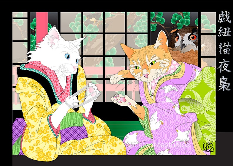 CAT'S CRADLE, Metal or Giclee Art Print, Cat Art, Japanese tradition, Cat Tales, night owls, ginger cat, orange tabby, angora cat, owl, 猫 image 1