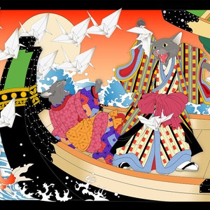 In Japanese Ukiyoe style, the day of two gray (russian blue) cats in colorful kimonos on a boat takes a dramatic turn as a squadron of paper cranes attack and the sea churns wildly. A standing cat is reminiscent of King Kong fighting off airplanes.