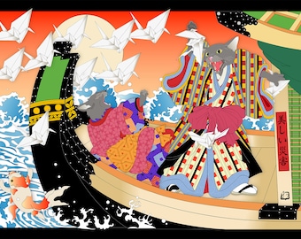 REVENGE of the ORIGAMI CRANES 2, Metal Print, Wall Art, Cat Print, Japanese culture, Original Artist, Cat Tales, Kabuki, cats in clothes