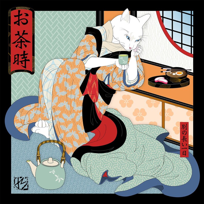 A lovely white cat in soft-colored kimonos takes tea and miso soup in a relaxing break