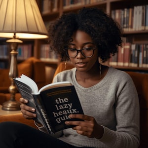 Può includere: Una persona con gli occhiali legge "the lazy heaux. guide" in una biblioteca. Il libro è aperto, rivelando il testo sulle pagine. La persona indossa un maglione grigio e orecchini a cerchio dorati. Una lampada e librerie sono sullo sfondo.