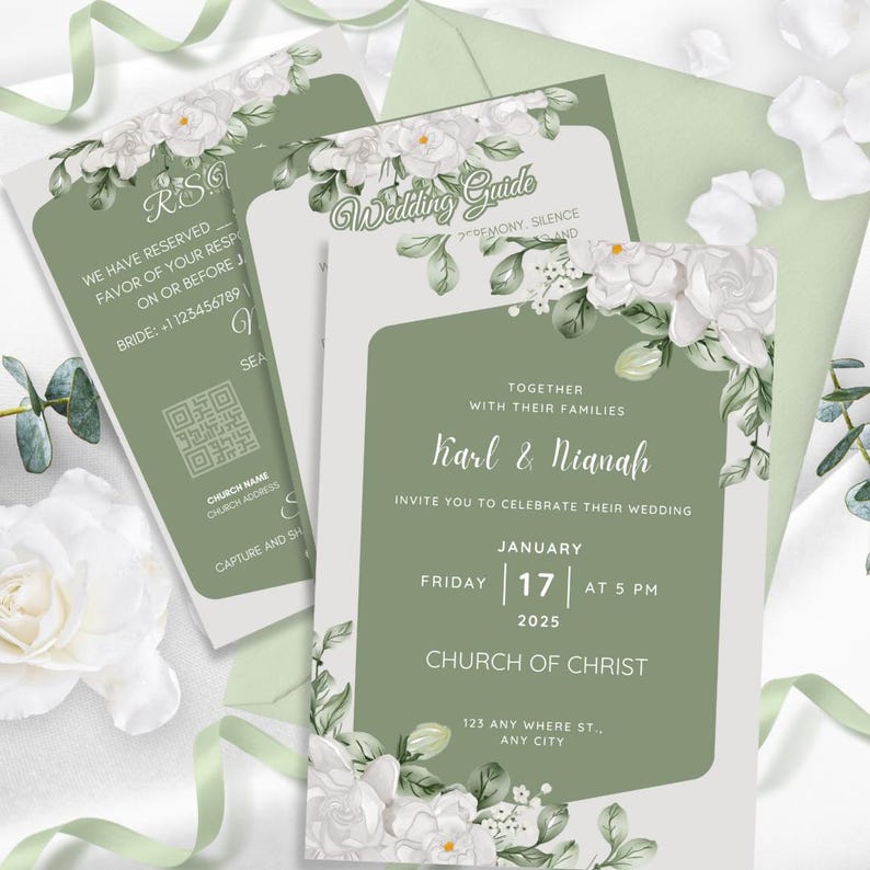 Sage Green Wedding Invitation Template – Gardenia Floral, Elegant ...