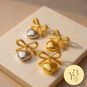 Dainty Gold Heart Bowknot Stud Earrings, Waterproof Stainless Steel Bow Heart Earrings Gift for Women, Bowknot Jewelry