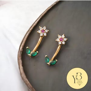 Orecchino a forma di fiore curvo con bilanciere a forma di foglia verde da 14G, anello a forma di fiore per sopracciglia, piercing a forma di bilanciere a forma di rook, regalo di gioielli per sopracciglia per lei