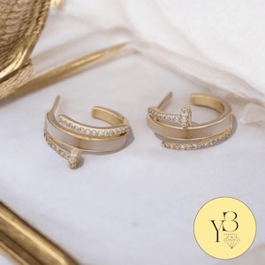 CZ Wrap Around Nail Earrings - Unique White Gold Hoop Earrings, Spiral CZ Screw Earrings, C type multiple zircon shell earrings Gift for Her