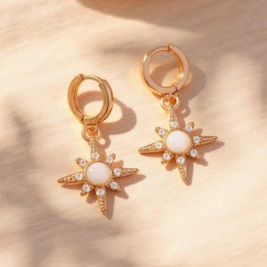Opal starburst huggie earrings, minimalist gold hoop star earrings, trending opal dangle jewelry, celestial gift for her, elegant accessory