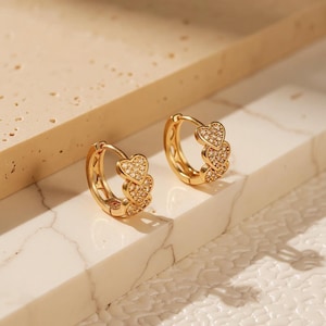 Gold Color Heart Hoop Earrings, CZ Paved Dainty Huggie Earrings, Elegant Bridal Jewelry, Love Gift for Her, Wedding Stud Earrings, Gift for
