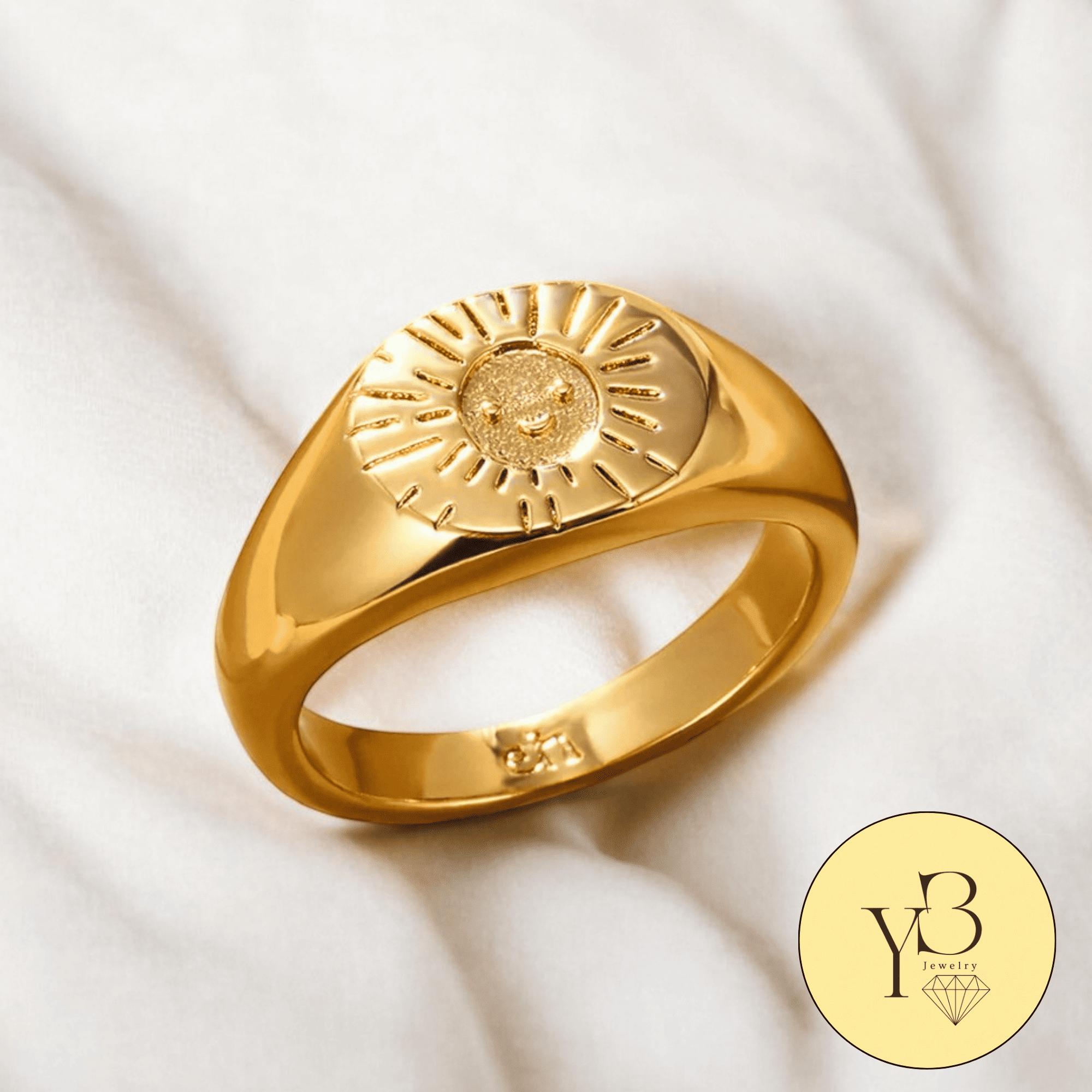 【wingbling】[14kGold] Sunny Simple Ring 14K Gold Sun Smile Ring - Sunshine Signet, Dainty Sunflower